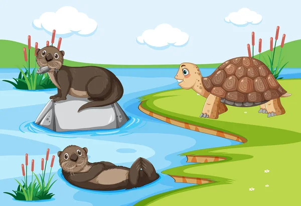 Otters Tortoise Living Together Forest Illustration — Stock Vector