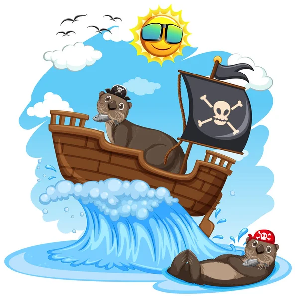 Loutres Sur Bateau Pirate Avec Illustration Des Vagues Océaniques — Image vectorielle
