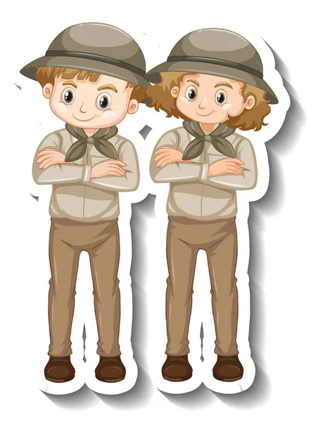 Μερικά Παιδιά Φορούν Στολή Σαφάρι Εικονογράφηση Αυτοκόλλητου Χαρακτήρα Κινουμένων Σχεδίων — Διανυσματικό Αρχείο