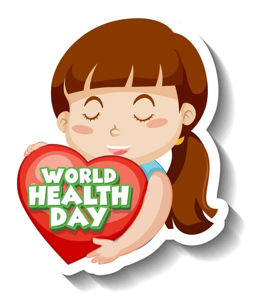 Girl Hugging Heart World Health Day Word Illustration — Stock Vector