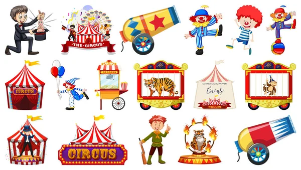 Conjunto Personajes Circo Elementos Del Parque Atracciones Ilustración — Vector de stock