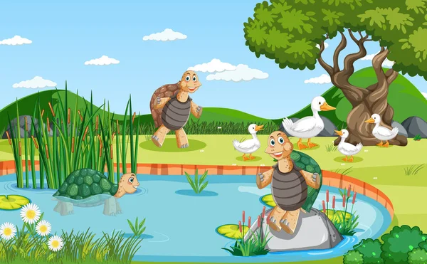 森林中的小河 上面有鸭子和乌龟的图解 — 图库矢量图片