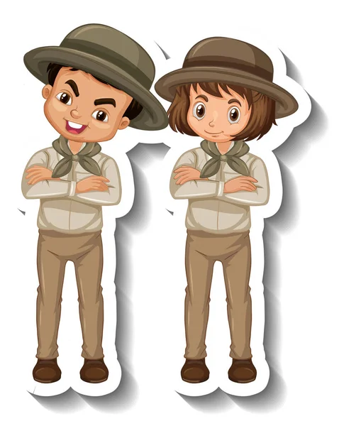 Coppia Bambini Indossare Safari Vestito Cartone Animato Personaggio Adesivo Illustrazione — Vettoriale Stock