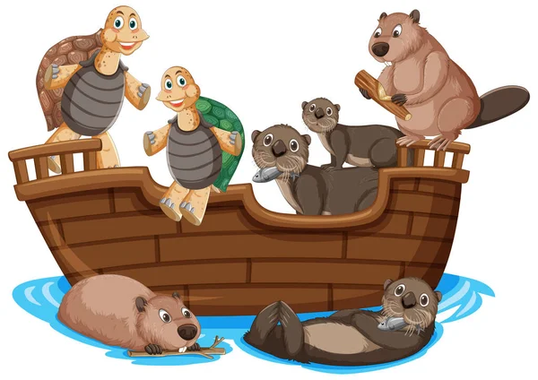 Wild Animals Wooden Boat Cartoon Style Illustration — Stock Vector