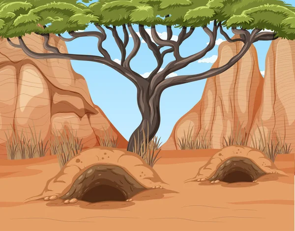 Ağaçlarla Hayvanlarla Dolu Çöl Manzarası Çizimler Yapıyor — Stok Vektör
