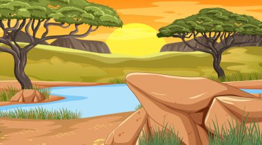 Nehir illüstrasyonlu Savanna orman manzarası