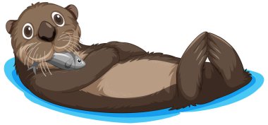 Yüzen resimlerde balık yakalayan sevimli su samuru.