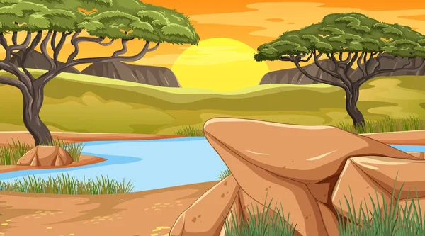 Savanna Skogslandskap Med Flod Illustration — Stock vektor