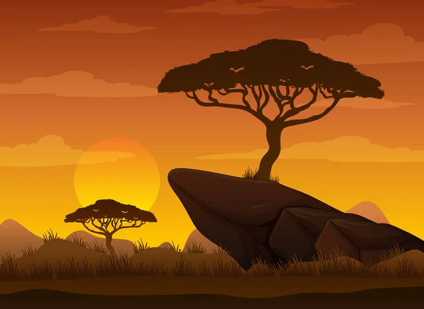 Silhouette Savannenwald Bei Sonnenuntergang Illustration — Stockvektor