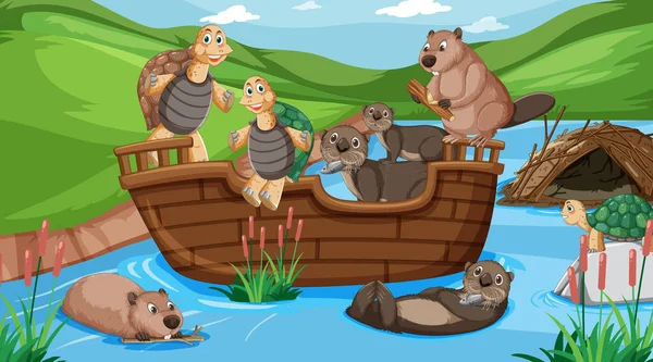 River Forest Scene Wild Animals Wooden Boat Illustration — Stock Vector