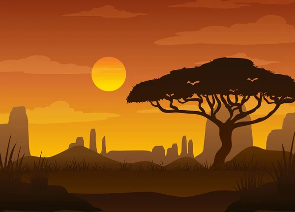 Silhouette Savannenwald Bei Sonnenuntergang Illustration — Stockvektor