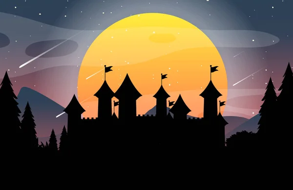 Castle Scene Silhouette Full Moon Illustration — Stock Vector