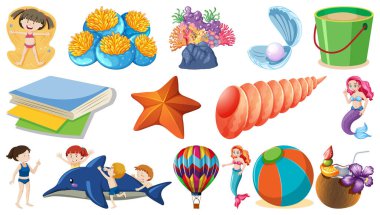 Yazlık plaj nesneleri ve çizgi film karakterlerinin çizimleri.