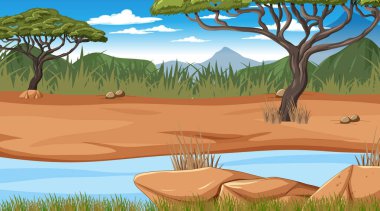 Nehir illüstrasyonlu Savanna orman manzarası