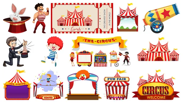 Set Circus Characters Amusement Park Elements Illustration — Stockvektor