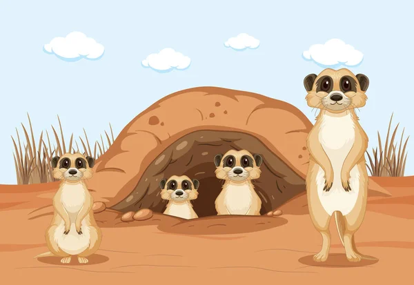 Fundo Deserto Com Grupo Meerkats Ilustração —  Vetores de Stock
