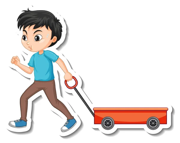 Asiatische Junge Ziehen Wagen Cartoon Figur Aufkleber Illustration — Stockvektor
