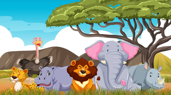 Wild animals in savanna forest scene illustration