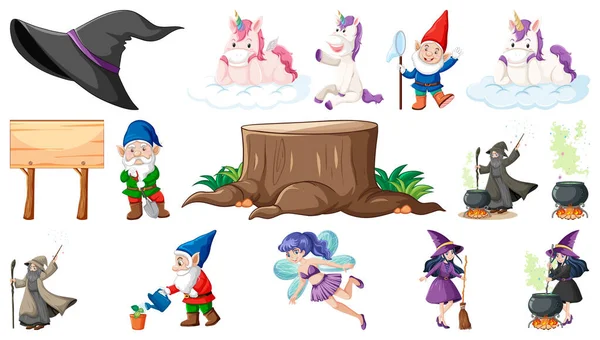 Conjunto Fantasia Conto Fadas Personagens Elementos Ilustração —  Vetores de Stock