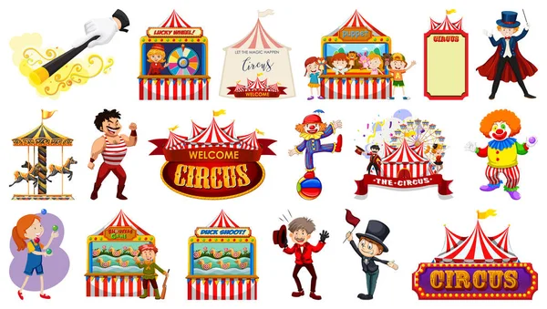 Conjunto Personajes Circo Elementos Del Parque Atracciones Ilustración — Vector de stock