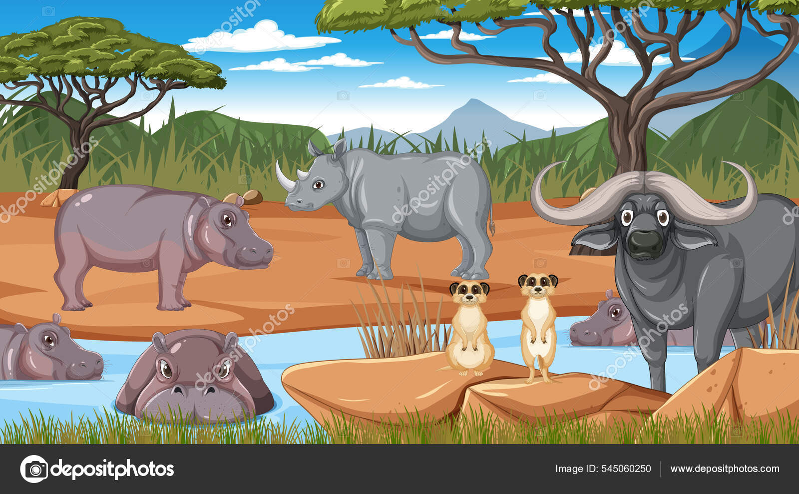 サバンナの森のシーンのイラストの野生動物 ストックベクター C Blueringmedia