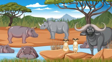 Vahşi hayvanlar bozkırda orman manzarası illüstrasyonu