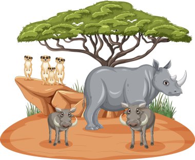 Çöl faresi ve gergedan resimli ıssız bir bozkır ormanı.