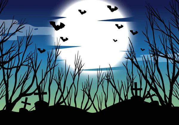 Foresta Spettrale Silhouette Con Luna Piena Pipistrelli Illustrazione — Vettoriale Stock