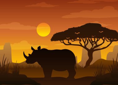 Gergedan silueti savana orman illüstrasyonunda