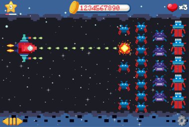 Aarcade piksel uzay oyunu arayüzü çizimi