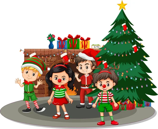 身着圣诞服装的儿童卡通人物插图 — 图库矢量图片
