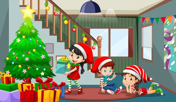 Scena Della Stanza Con Bambini Che Celebrano Illustrazione Natale — Vettoriale Stock