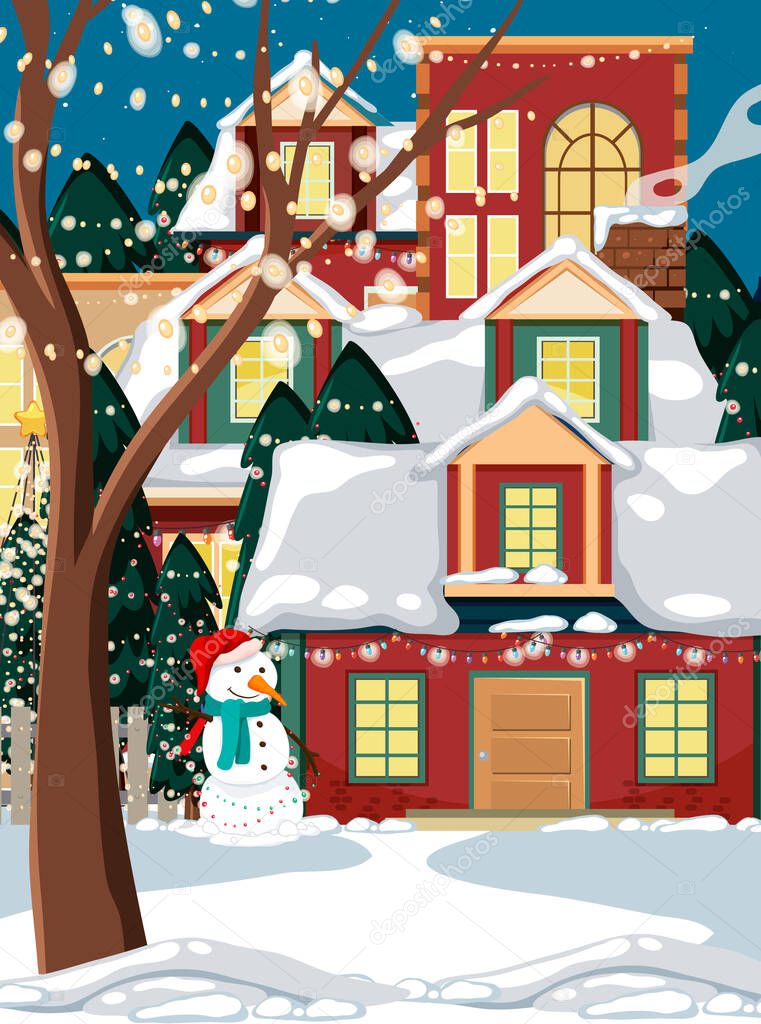 Christmas winter scene with snow covered house illustration