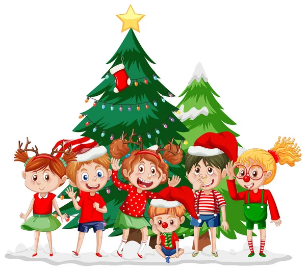 Temporada Navidad Con Niños Árboles Navidad Ilustración — Vector de stock