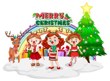 Çam ağacı ve ren geyiği resimli Noel kostümlü çocuklar.