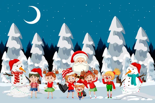 Navidad Invierno Escena Con Niños Felices Ilustración — Vector de stock