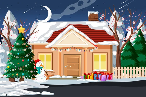 Χιονισμένο Σπίτι Και Διακοσμημένο Χριστουγεννιάτικες Διακοσμήσεις — Διανυσματικό Αρχείο