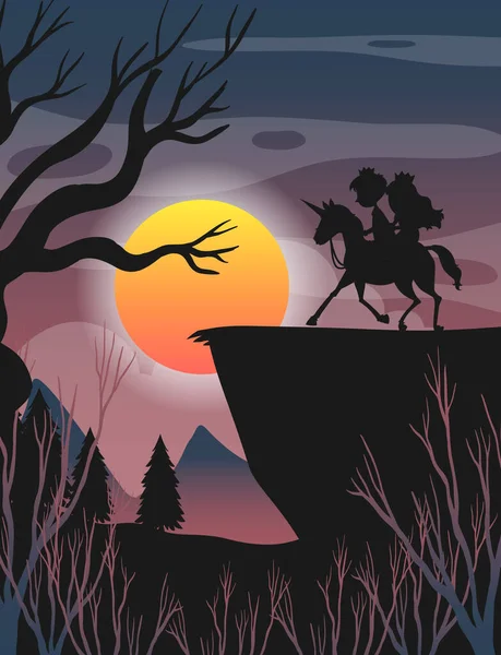 Silhouette Prinz Und Prinzessin Mit Vollmond Hintergrund Illustration — Stockvektor