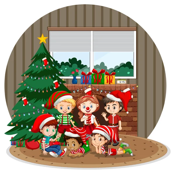 Crianças Felizes Comemorando Natal Casa Ilustração — Vetor de Stock