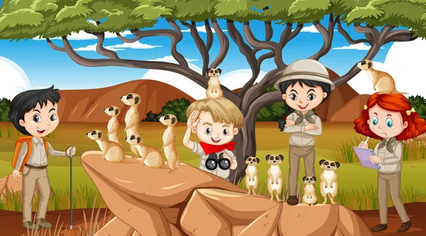 Crianças Com Grupo Meerkat Ilustração Floresta — Vetor de Stock
