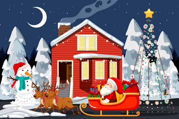 Різдвяна Зимова Сцена Санта Клаусом Санях — стоковий вектор