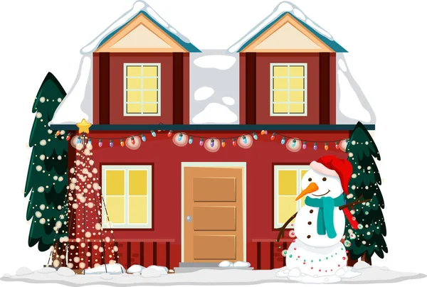 Casa Innevata Con Stringa Luce Natale Pupazzo Neve Illustrazione — Vettoriale Stock