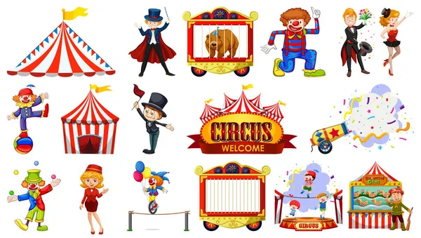 stock vector Set of circus characters and amusement park elements illustration