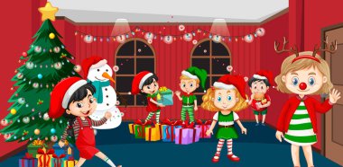 Mutlu çocuklar Noel 'i evde kutluyor.