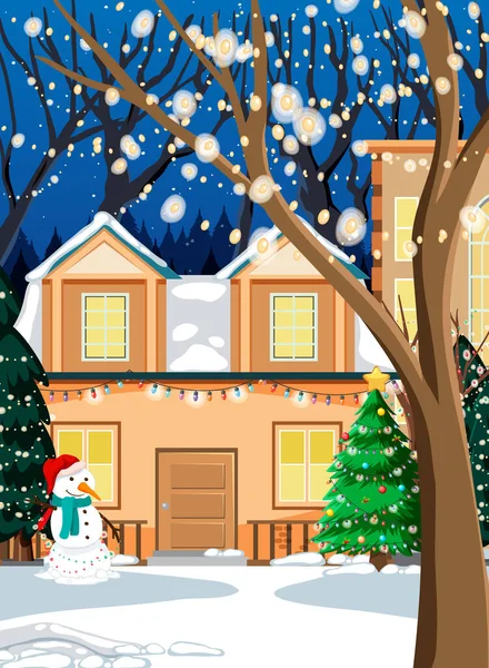Christmas Winter Scene Snow Covered House Snowman Illustration — Stock Vector