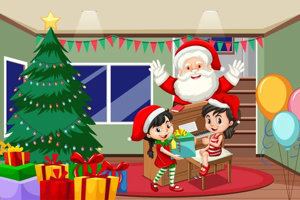 Дети Празднуют Рождество Санта Клаусом Дома Иллюстрации — стоковый вектор