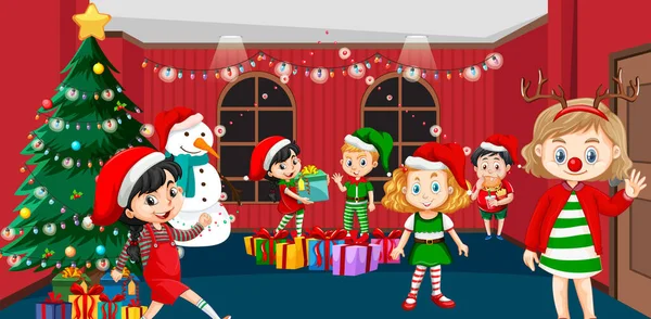 Happy Children Celebrating Christmas Home Illustration — Stock Vector