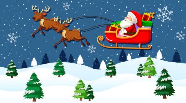 Noel Baba kızakta Ren geyikleriyle gökyüzünde gece çizimleriyle uçuyor.