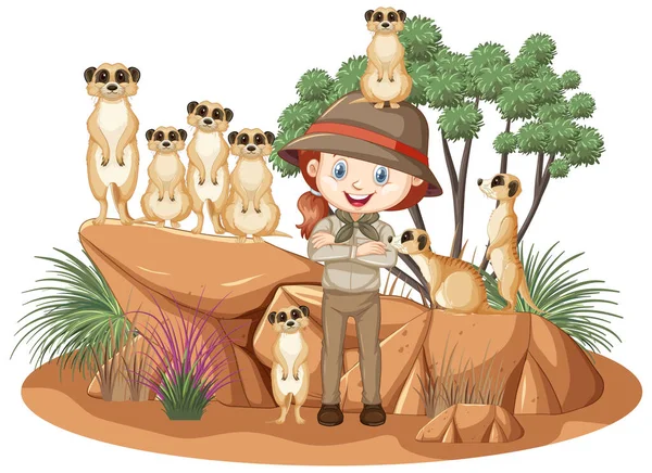 Isolated Savanna Forest Explorer Girl Meerkat Illustration — Stock Vector