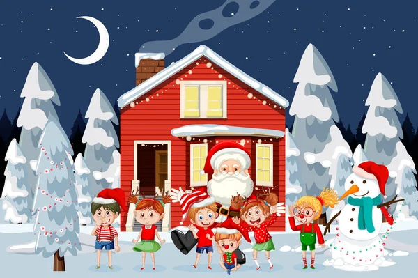 Рождественская Зимняя Сцена Счастливыми Детьми Иллюстрации — стоковый вектор